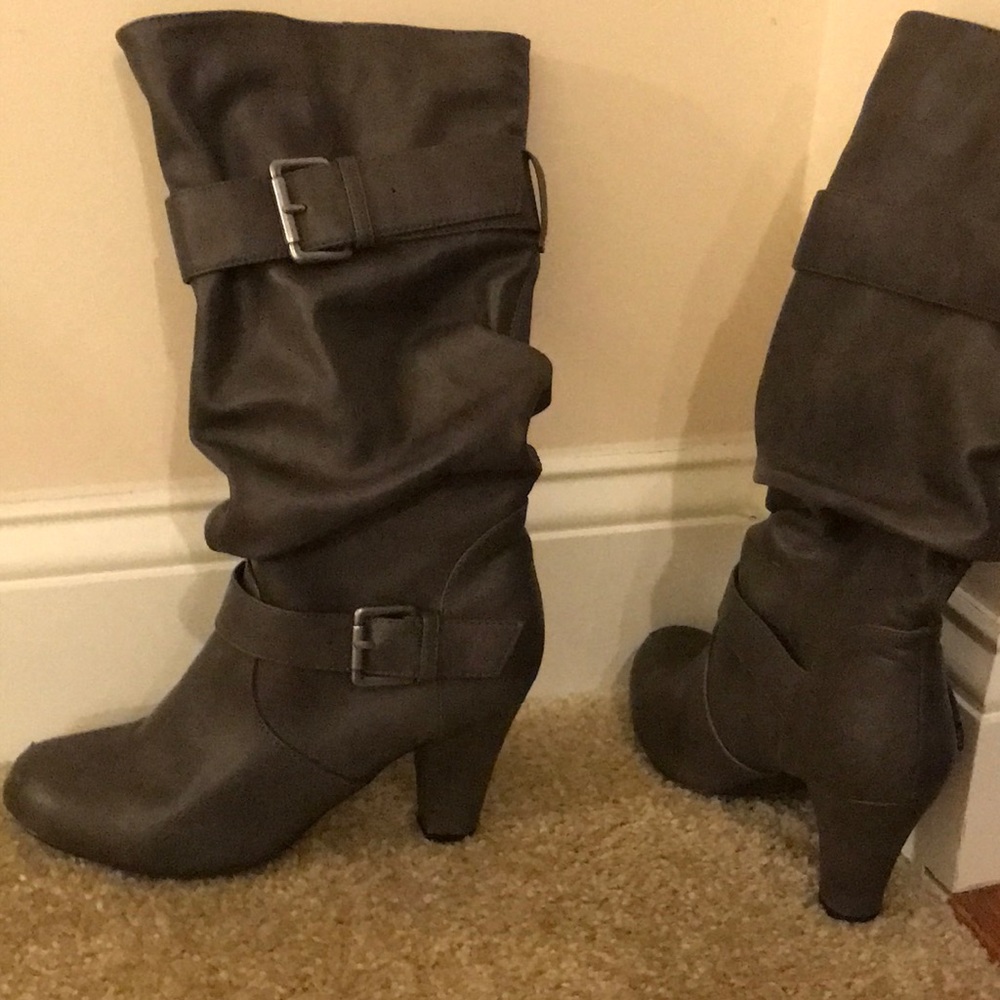 Gray Faux Leather High Heeled Boots